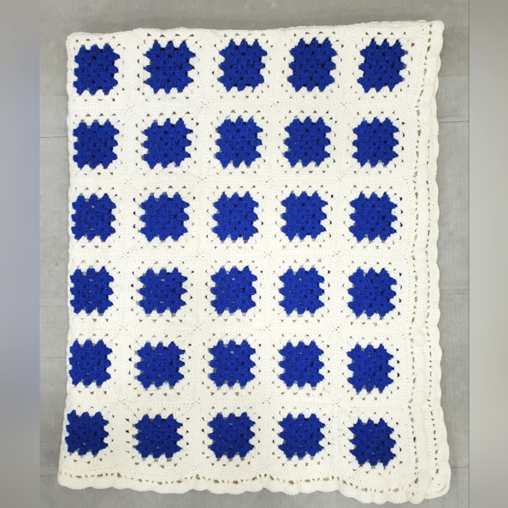 Granny square crochet blanket throw afghan royal blue and white 52×66 inches